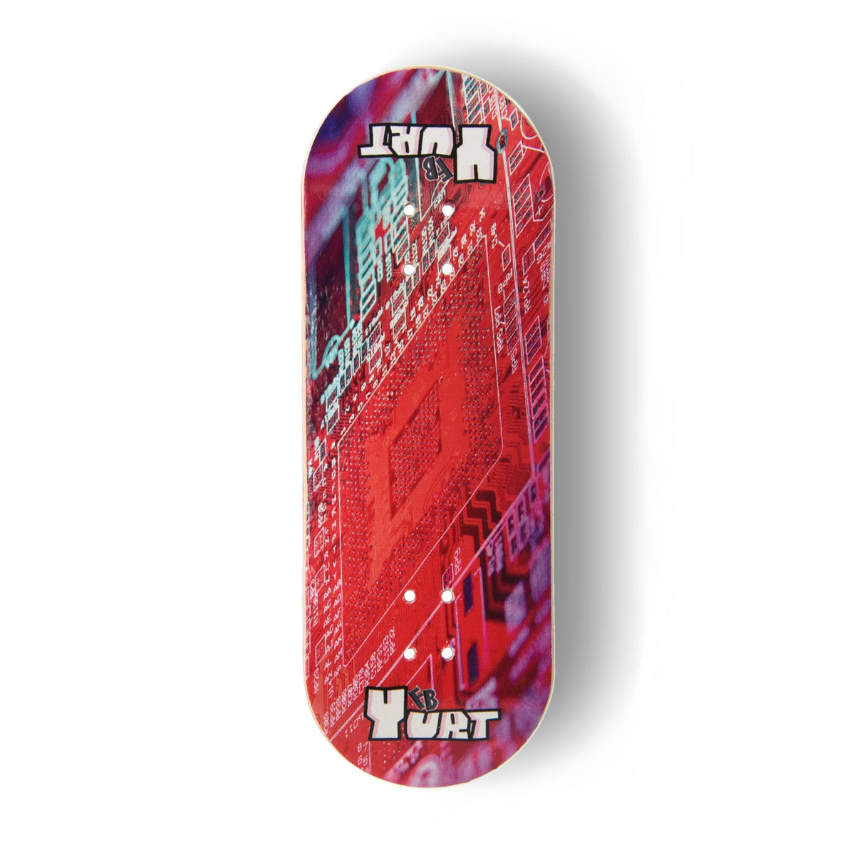 A Yurt fingerboard deck consisting of a 5-ply maple deck with a colourful Real Wear graphic design of a zoomed in red computer chip. 