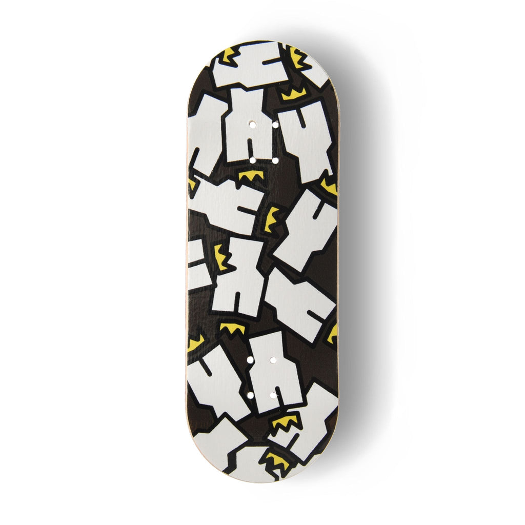 A Yurt fingerboard deck consisting of a 5-ply maple deck with a Real Wear graphic design of the Yurt Crowns logo on a Black background. 