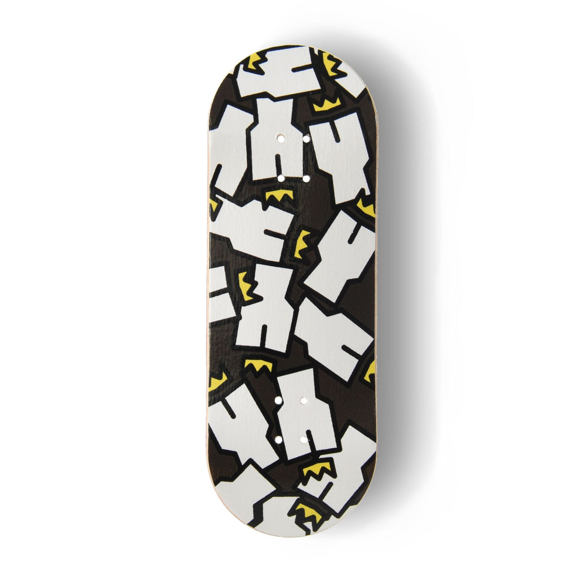 A Yurt fingerboard deck consisting of a 5-ply maple deck with a Real Wear graphic design of the Yurt Crowns logo on a Black background. 