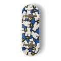 A Yurt fingerboard complete with silver trucks and white wheels, consisting of a 5-ply maple deck with a colourful Real Wear graphic design of the Yurt Crowns logo on a Blue background. 