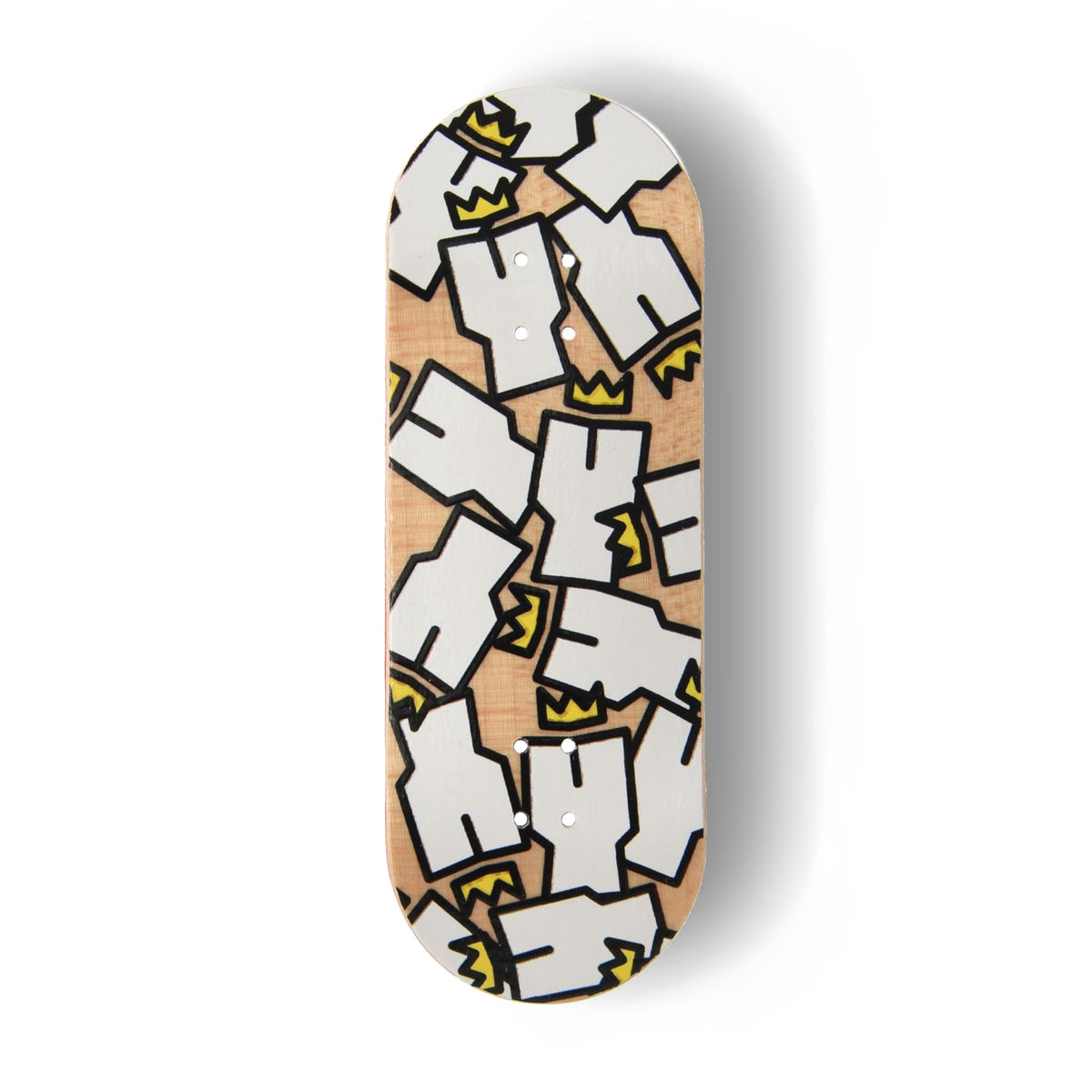 A Yurt fingerboard deck consisting of a 5-ply maple deck with a colourful Real Wear graphic design of the Yurt Crowns logo on a natural wood background. 