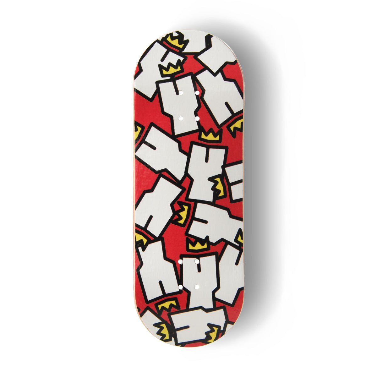 A Yurt fingerboard deck consisting of a 5-ply maple deck with a colourful Real Wear graphic design of the Yurt Crowns logo on a Red background. 