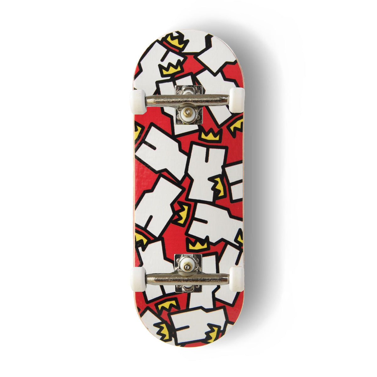 A Yurt fingerboard complete with silver trucks and white wheels, consisting of a 5-ply maple deck with a colourful Real Wear graphic design of the Yurt Crowns logo on a Red background. 