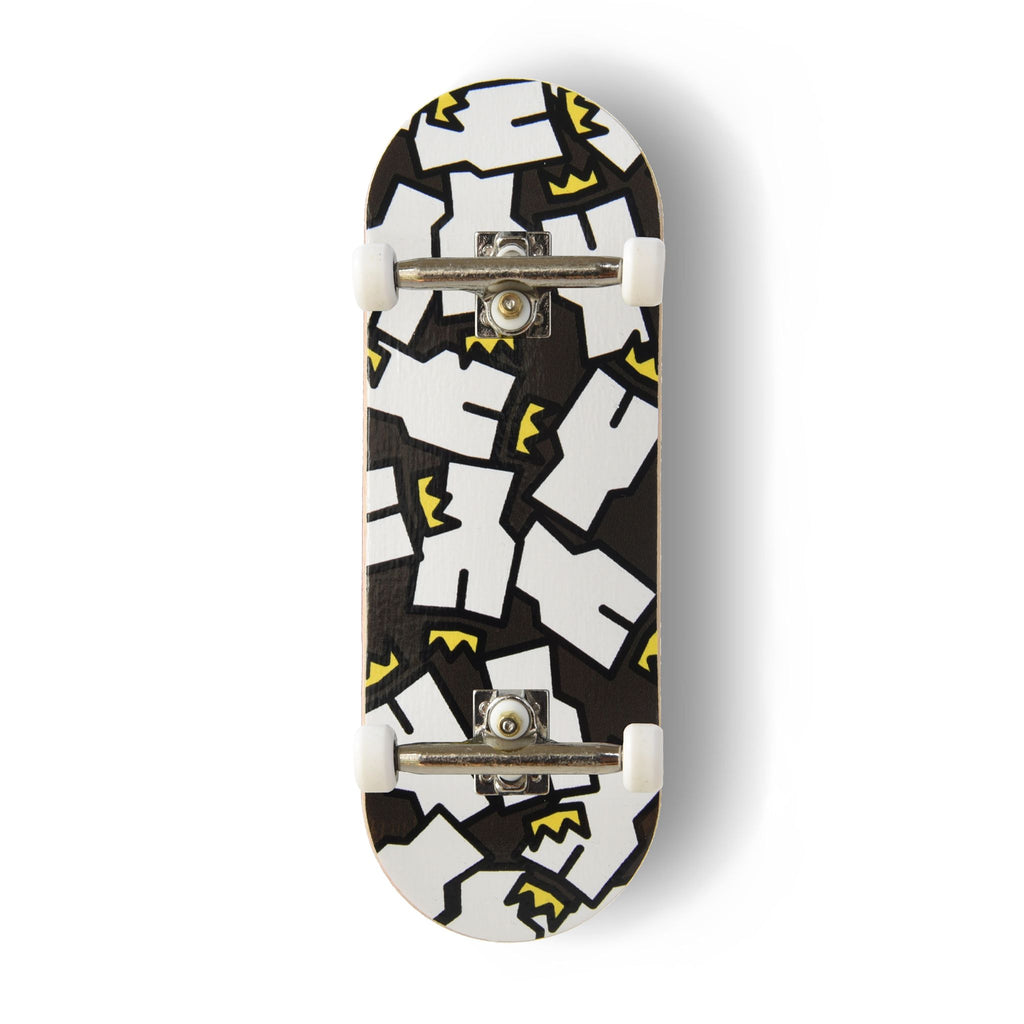 A Yurt fingerboard complete with silver trucks and white wheels, consisting of a 5-ply maple deck with a Real Wear graphic design of the Yurt Crowns logo on a Black background. 