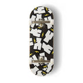 A Yurt fingerboard complete with silver trucks and white wheels, consisting of a 5-ply maple deck with a Real Wear graphic design of the Yurt Crowns logo on a Black background. 