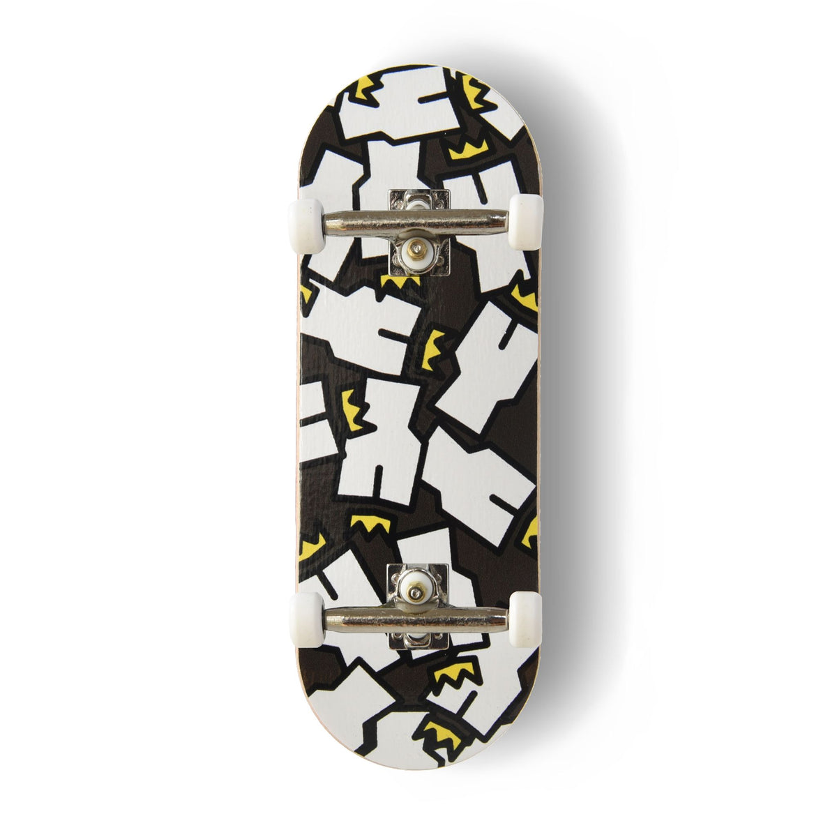A Yurt fingerboard complete with silver trucks and white wheels, consisting of a 5-ply maple deck with a Real Wear graphic design of the Yurt Crowns logo on a Black background. 