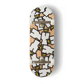 A Yurt fingerboard complete with silver trucks and white wheels, consisting of a 5-ply maple deck with a colourful Real Wear graphic design of the Yurt Crowns logo with a Natural wood background. 