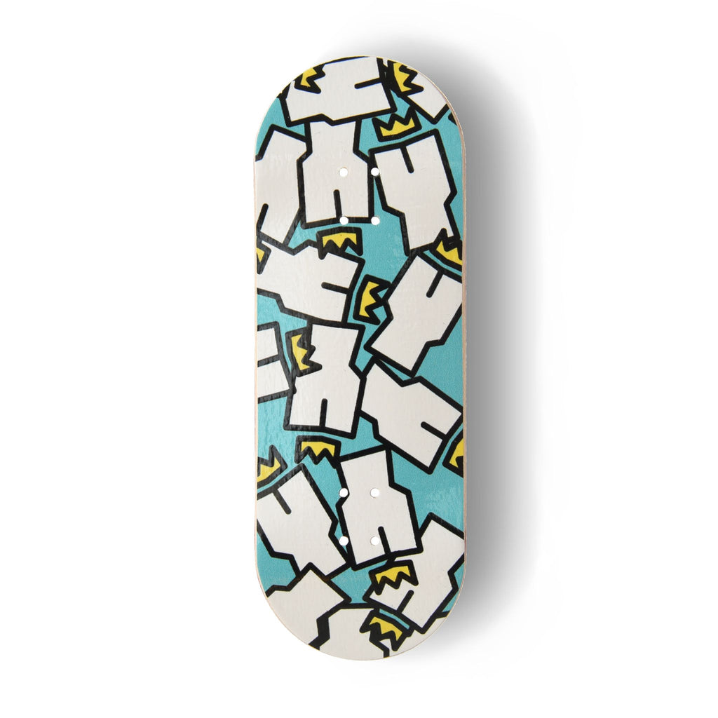 A Yurt fingerboard deck consisting of a 5-ply maple deck with a colourful Real Wear graphic design of the Yurt Crowns logo on a Teal background. 