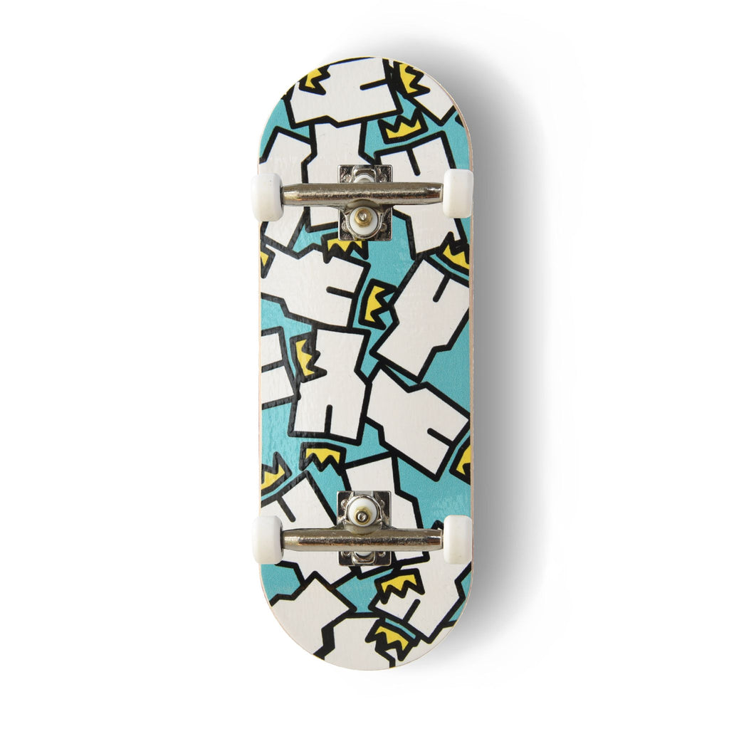 A Yurt fingerboard complete with silver trucks and white wheels, consisting of a 5-ply maple deck with a colourful Real Wear graphic design of the Yurt Crowns logo on a Teal background. 
