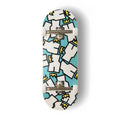 A Yurt fingerboard complete with silver trucks and white wheels, consisting of a 5-ply maple deck with a colourful Real Wear graphic design of the Yurt Crowns logo on a Teal background. 
