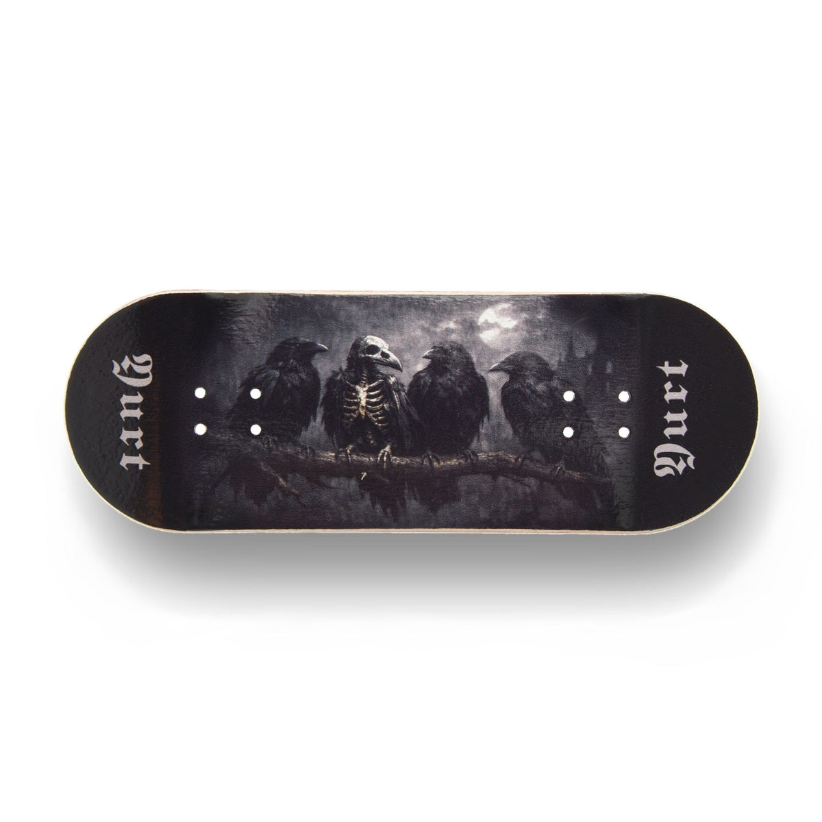 A Yurt fingerboard consisting of a 5-ply maple deck with a Real Wear graphic with a dark gothic design featuring four crows and the word 'Yurt' in a gothic font on the tail. The board has a black background with a detailed print of a skeletal crow under a cloudy sky. Horizontal view. 