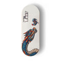 A Yurt fingerboard deck consisting of a 5-ply maple deck with a colourful Real Wear graphic design with a blue and red chicken and dragon on a white background.