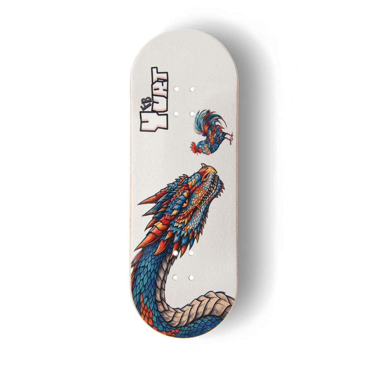 A Yurt fingerboard deck consisting of a 5-ply maple deck with a colourful Real Wear graphic design with a blue and red chicken and dragon on a white background.