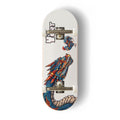 A Yurt fingerboard complete with silver trucks and white wheels, consisting of a 5-ply maple deck with a colourful Real Wear graphic design with a blue and red chicken and dragon on a white background.