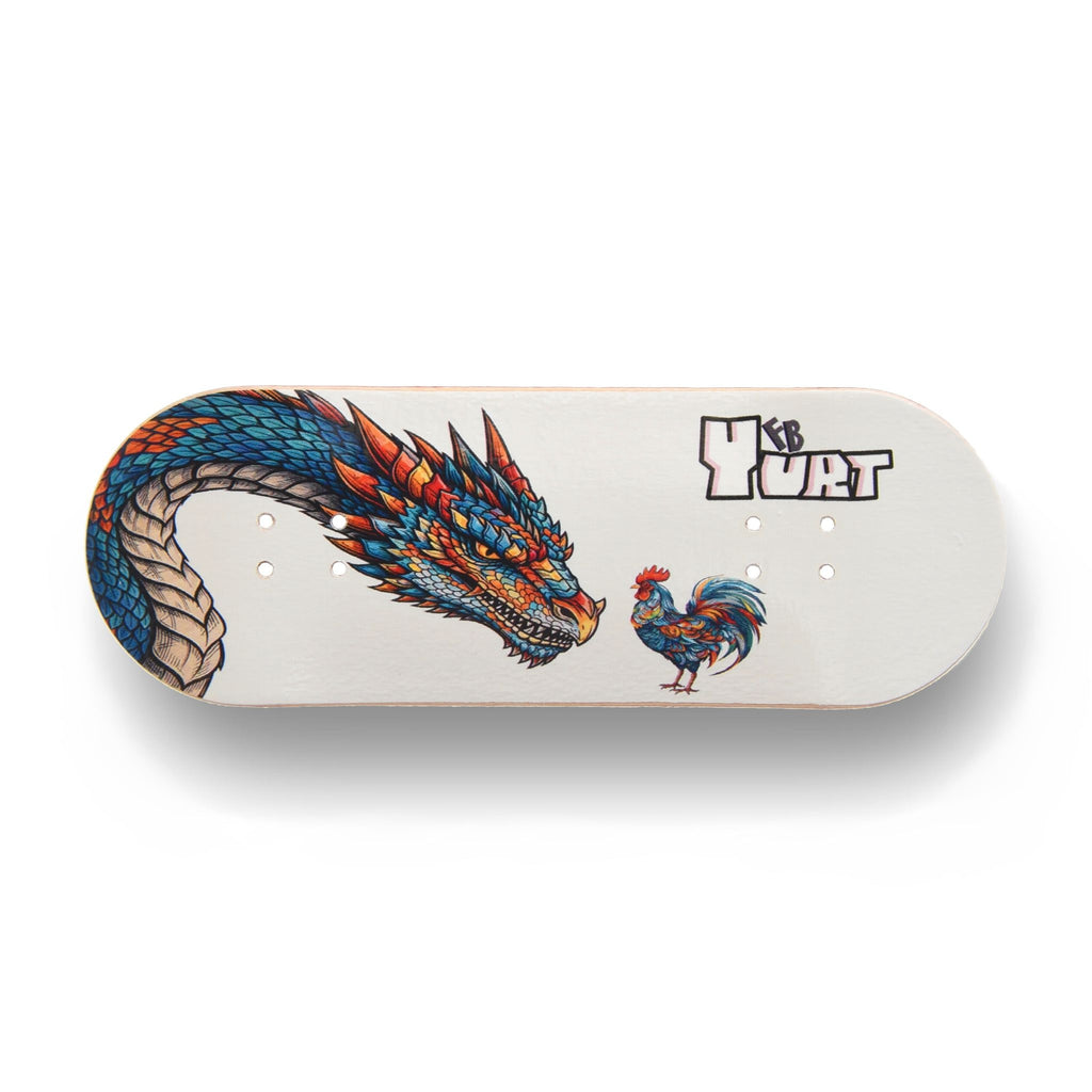 A Yurt fingerboard  consisting of a 5-ply maple deck with a colourful Real Wear graphic design with a blue and red chicken and dragon on a white background. Horizontal view. 