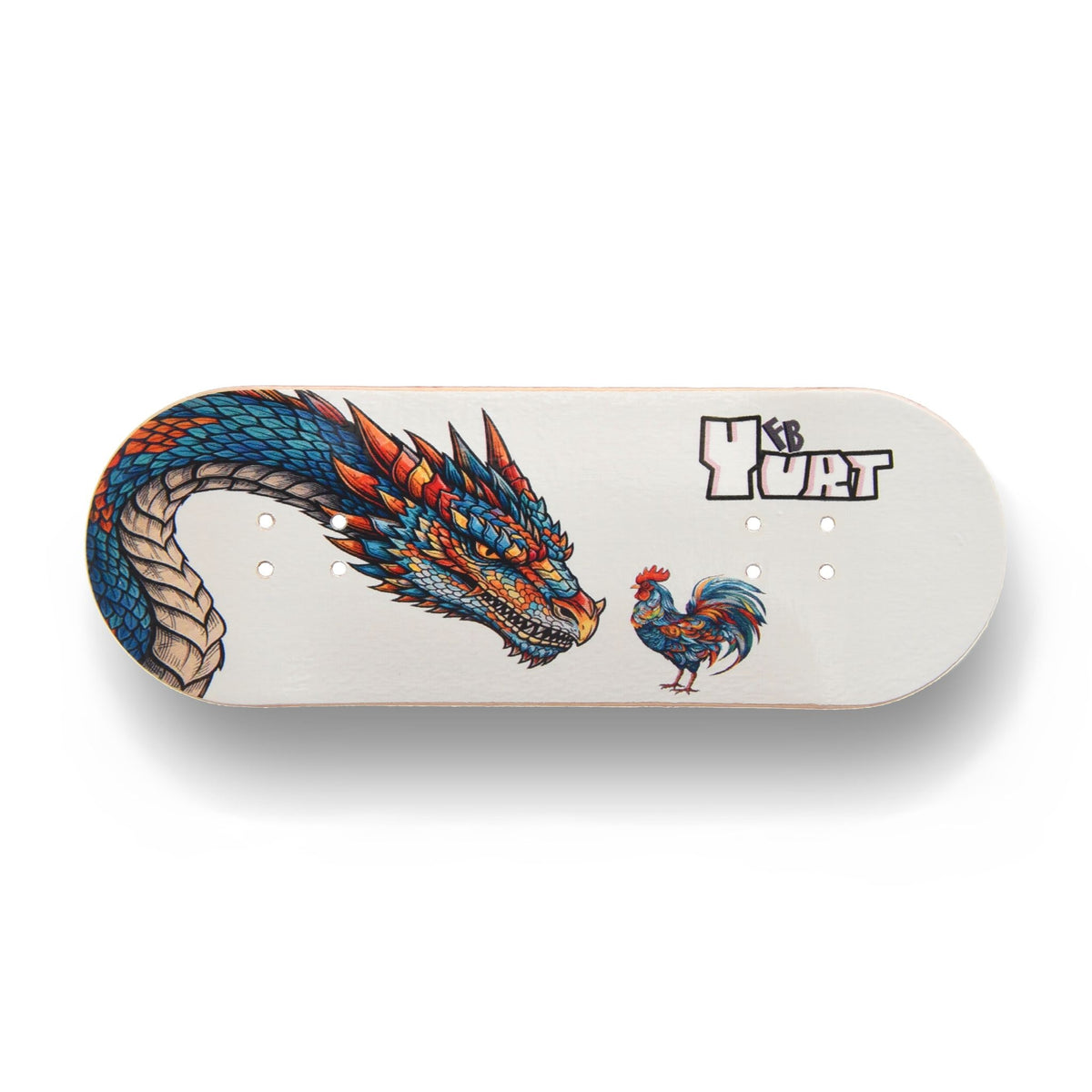 A Yurt fingerboard  consisting of a 5-ply maple deck with a colourful Real Wear graphic design with a blue and red chicken and dragon on a white background. Horizontal view. 