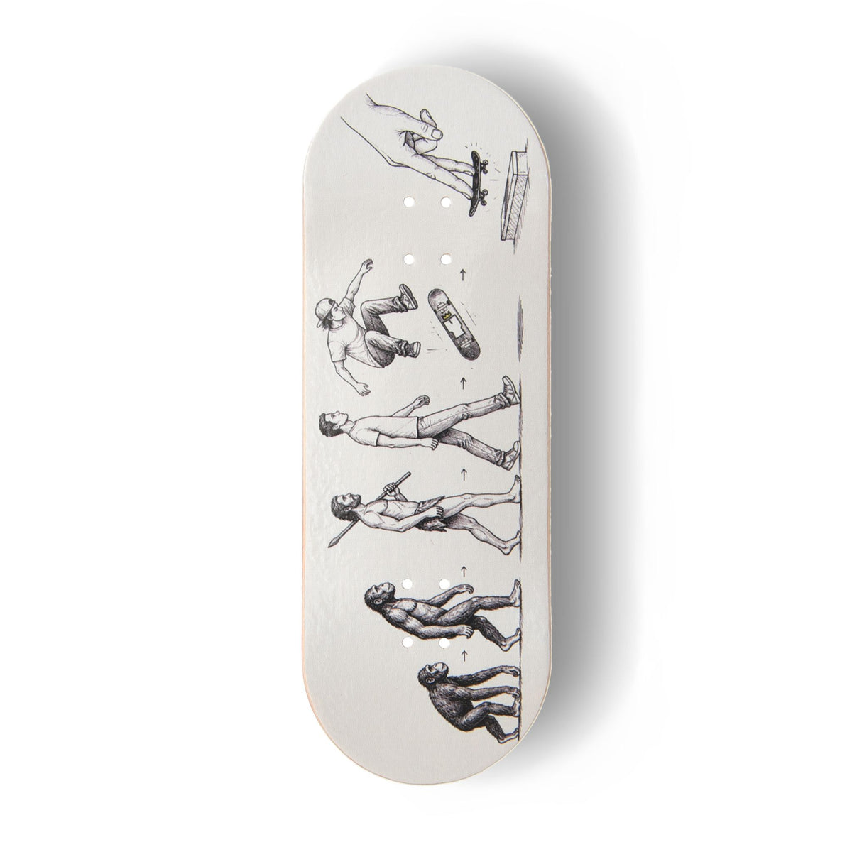 A Yurt fingerboard deck consisting of a 5-ply maple deck with a Real Wear graphic design featuring black anatomical sketches of the evolution of man with ape to human figures in various poses.