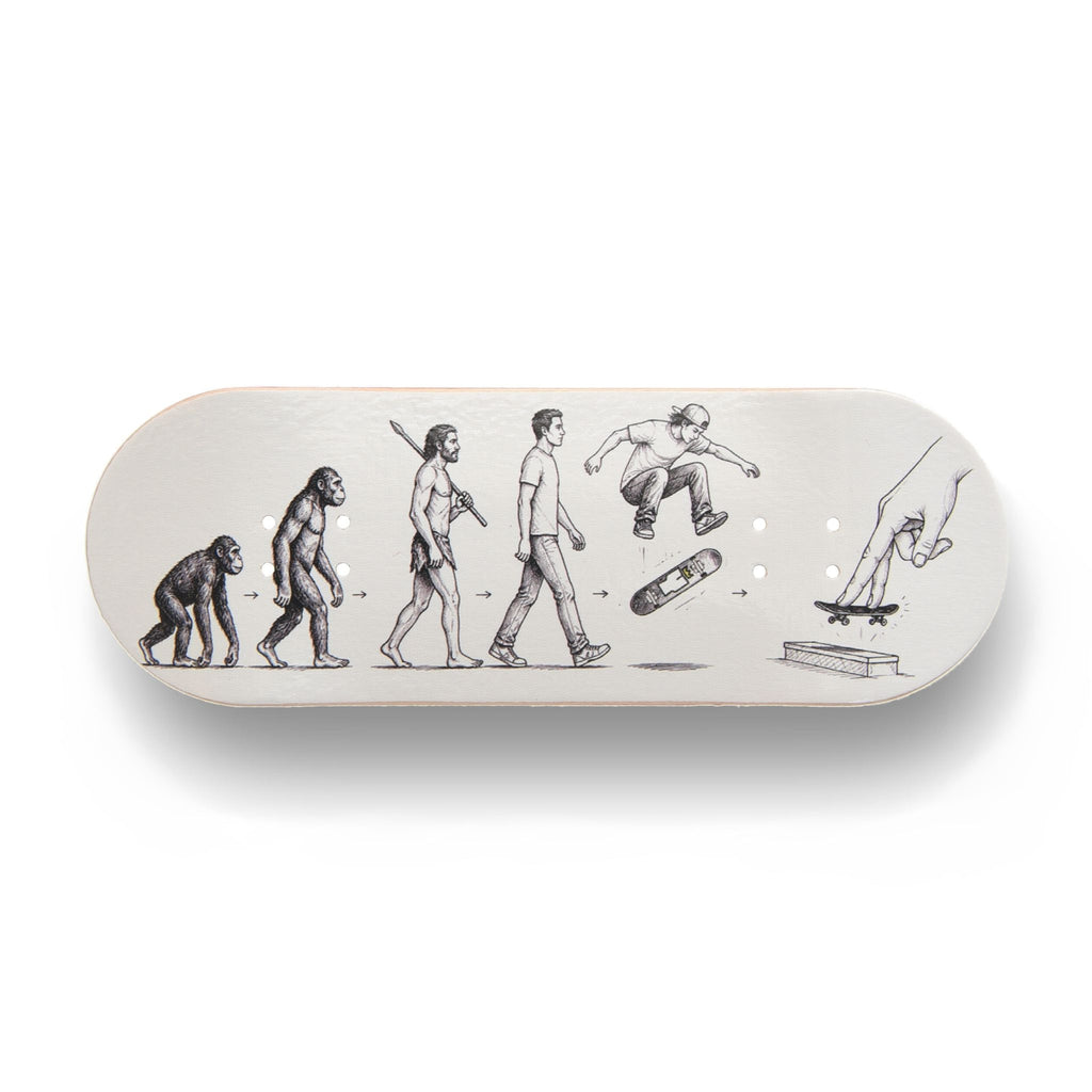 A Yurt fingerboard consisting of a 5-ply maple deck with a Real Wear graphic design featuring black anatomical sketches of the evolution of man with ape to human figures in various poses. Horizontal view.