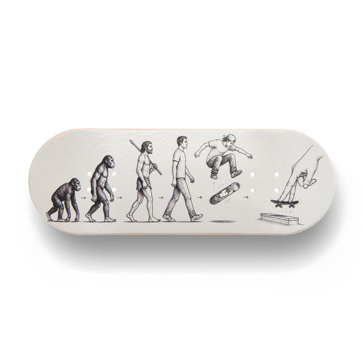 A Yurt fingerboard consisting of a 5-ply maple deck with a Real Wear graphic design featuring black anatomical sketches of the evolution of man with ape to human figures in various poses. Horizontal view.