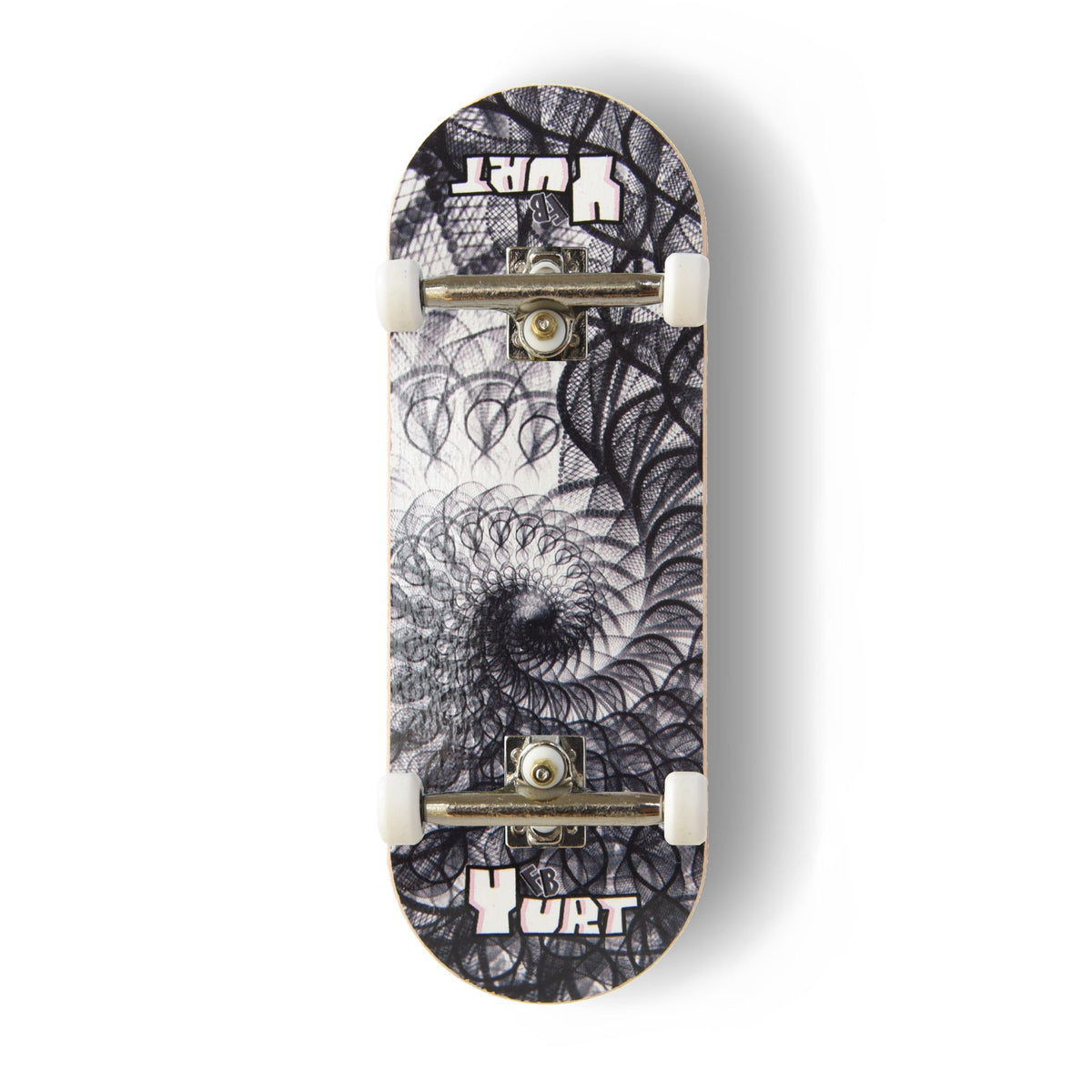 A Yurt fingerboard complete with silver trucks and white wheels, consisting of a 5-ply maple deck with a Real Wear graphic design featuring a black and white fractal spiral design, on a clean white background.