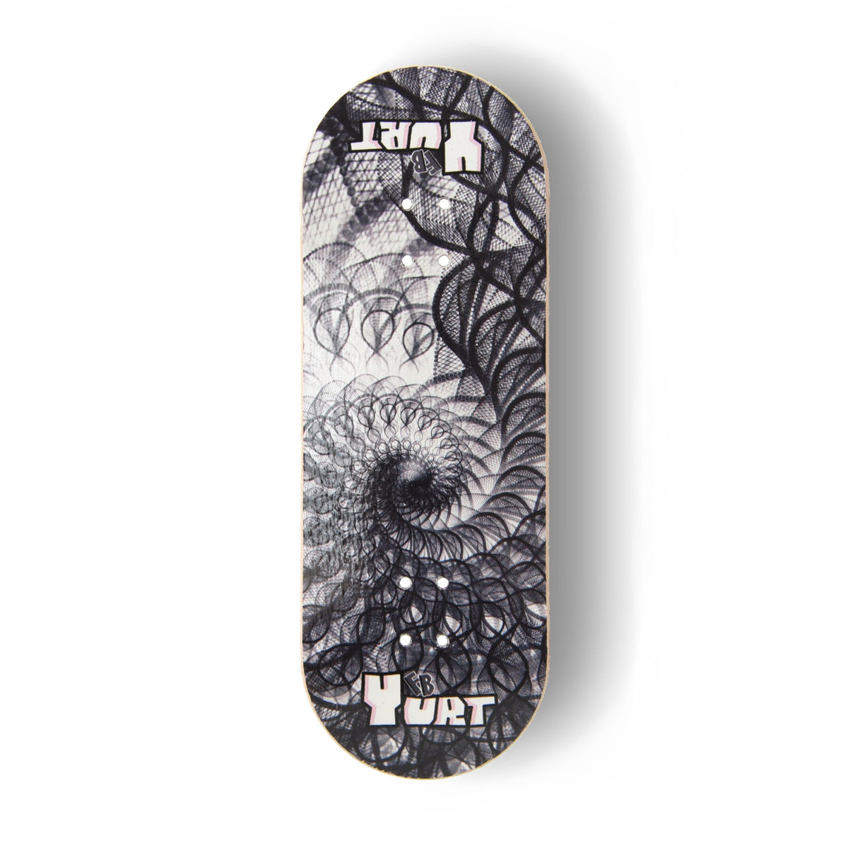 A Yurt fingerboard deck consisting of a 5-ply maple deck with a Real Wear graphic design featuring a black and white fractal spiral design, on a clean white background.