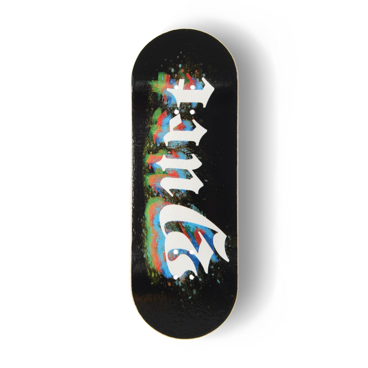 A Yurt fingerboard deck consisting of a 5-ply maple deck with a colourful Real Wear graphic design with a black background, large white gothic-style lettering spelling out 'Yurt', and a graphic in green, blue, and red, shown on a white background.