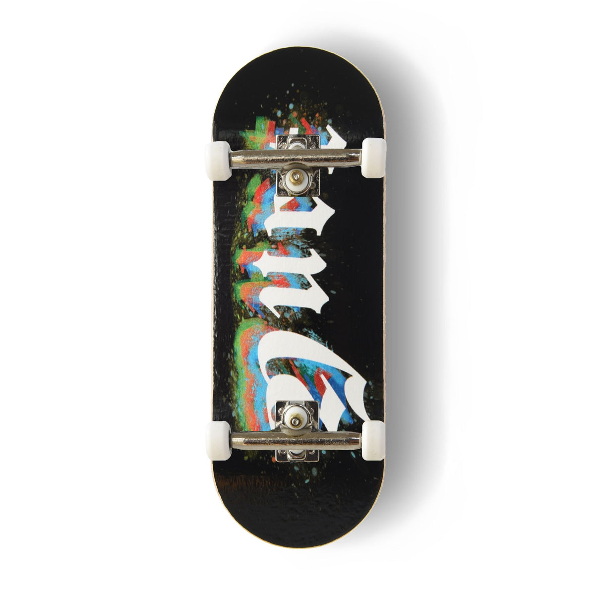A Yurt fingerboard complete with silver trucks and white wheels, consisting of a 5-ply maple deck with a colourful Real Wear graphic design with a black background, large white gothic-style lettering spelling out 'Yurt', and a graphic in green, blue, and red, shown on a white background.
