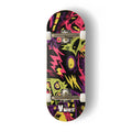 A Yurt fingerboard complete with silver trucks and white wheels, consisting of a 5-ply maple deck with a colourful Real Wear graphic design with a cohort of pink, green, yellow and purple monsters on a black background. 