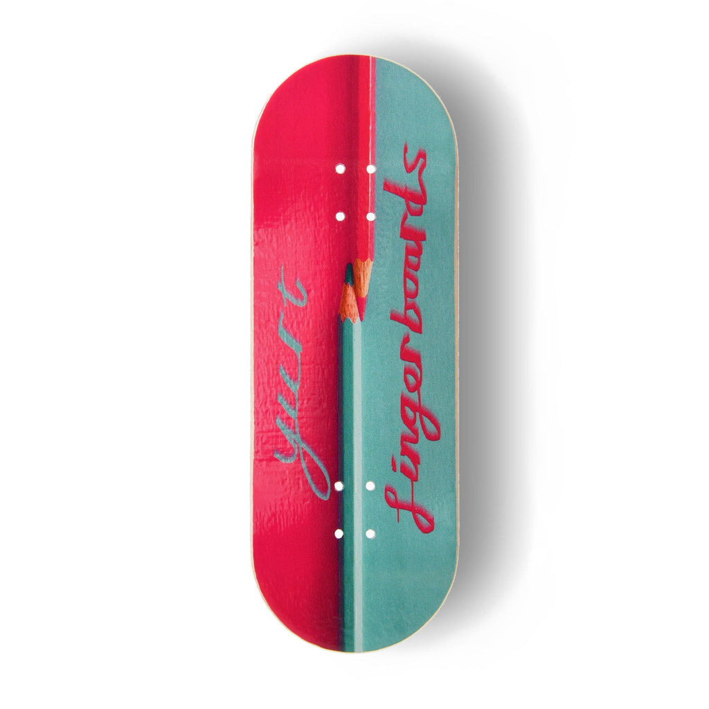 A Yurt fingerboard deck consisting of a 5-ply maple deck with a colourful Real Wear graphic design featuring a pencil illustration down the centre and the words 'Yurt Fingerboards'.