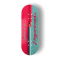 A Yurt fingerboard deck consisting of a 5-ply maple deck with a colourful Real Wear graphic design featuring a pencil illustration down the centre and the words 'Yurt Fingerboards'.