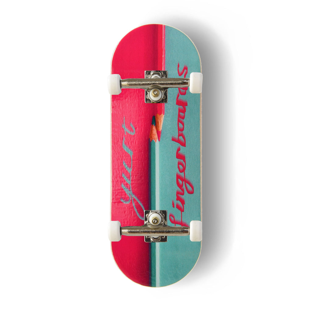 A Yurt fingerboard complete with silver trucks and white wheels, consisting of a 5-ply maple deck with a colourful Real Wear graphic design featuring a pencil illustration down the centre and the words 'Yurt Fingerboards'.