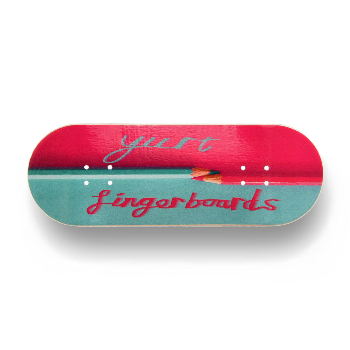 A Yurt fingerboard  consisting of a 5-ply maple deck with a colourful Real Wear graphic design featuring a pencil illustration down the centre and the words 'Yurt Fingerboards'. Horizontal view. 
