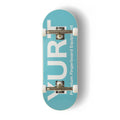 A Yurt fingerboard complete with 5-ply maple deck with a Real Wear graphic featuring a turquoise fingerboard with the brand name 'YURT' printed in white, with  silver metal trucks, and white wheels. The fingerboard is photographed from a top-down perspective on a clean white background with a soft drop shadow.