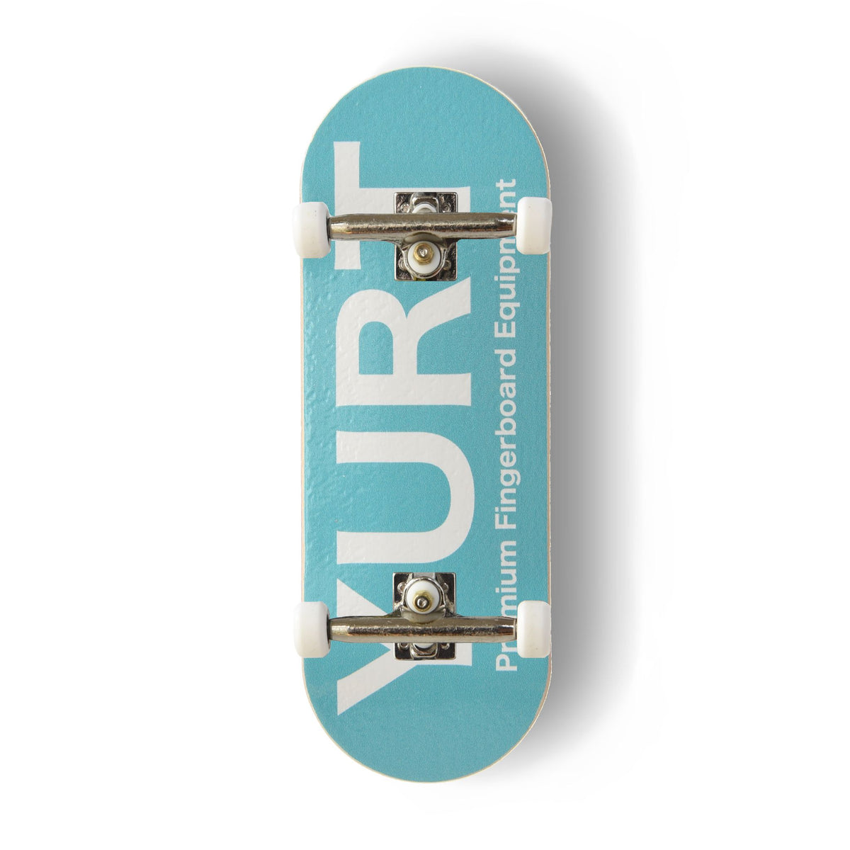 A Yurt fingerboard complete with 5-ply maple deck with a Real Wear graphic featuring a turquoise fingerboard with the brand name 'YURT' printed in white, with  silver metal trucks, and white wheels. The fingerboard is photographed from a top-down perspective on a clean white background with a soft drop shadow.
