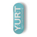 A Yurt fingerboard 5-ply maple deck with a Real Wear graphic featuring a turquoise fingerboard with the brand name 'YURT' printed in white. The fingerboard is photographed from a top-down perspective on a clean white background with a soft drop shadow.