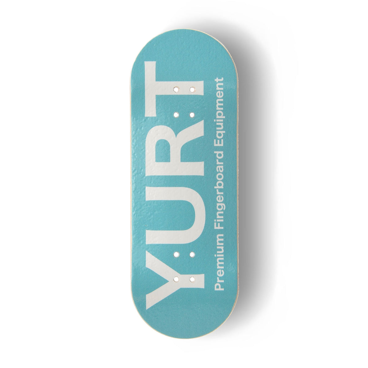A Yurt fingerboard 5-ply maple deck with a Real Wear graphic featuring a turquoise fingerboard with the brand name 'YURT' printed in white. The fingerboard is photographed from a top-down perspective on a clean white background with a soft drop shadow.