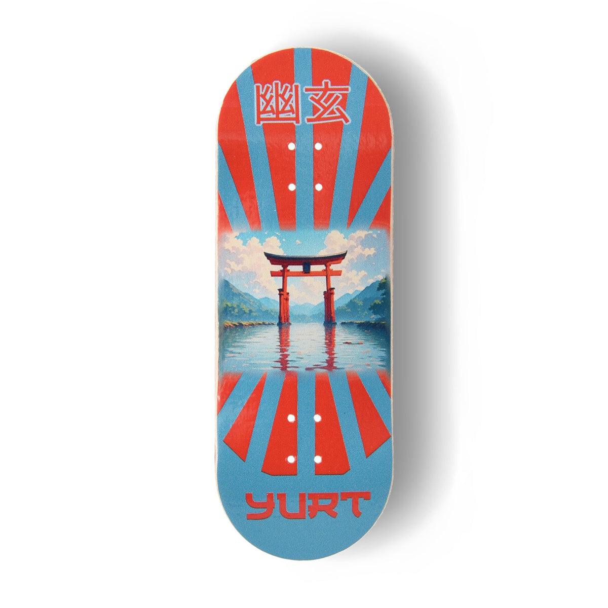 Yurt fingerboard deck consisting of a 5-ply maple deck with a colourful Real Wear graphic design featuring a Japanese torii gate over water design with red and blue sunburst rays, shown on a white background.