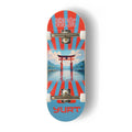 Yurt fingerboard complete with silver trucks and white wheels, consisting of a 5-ply maple deck with a colourful Real Wear graphic design featuring a Japanese torii gate over water design with red and blue sunburst rays, shown on a white background.