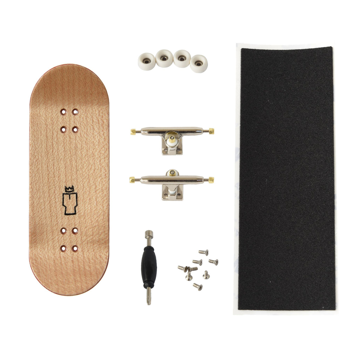 Yurt Fingerboards complete overview: maple deck with Yurt crown logo, white 65D urethane wheels with bearings, chrome pro trucks, 8 screws, lock nuts, tool and black grip tape.