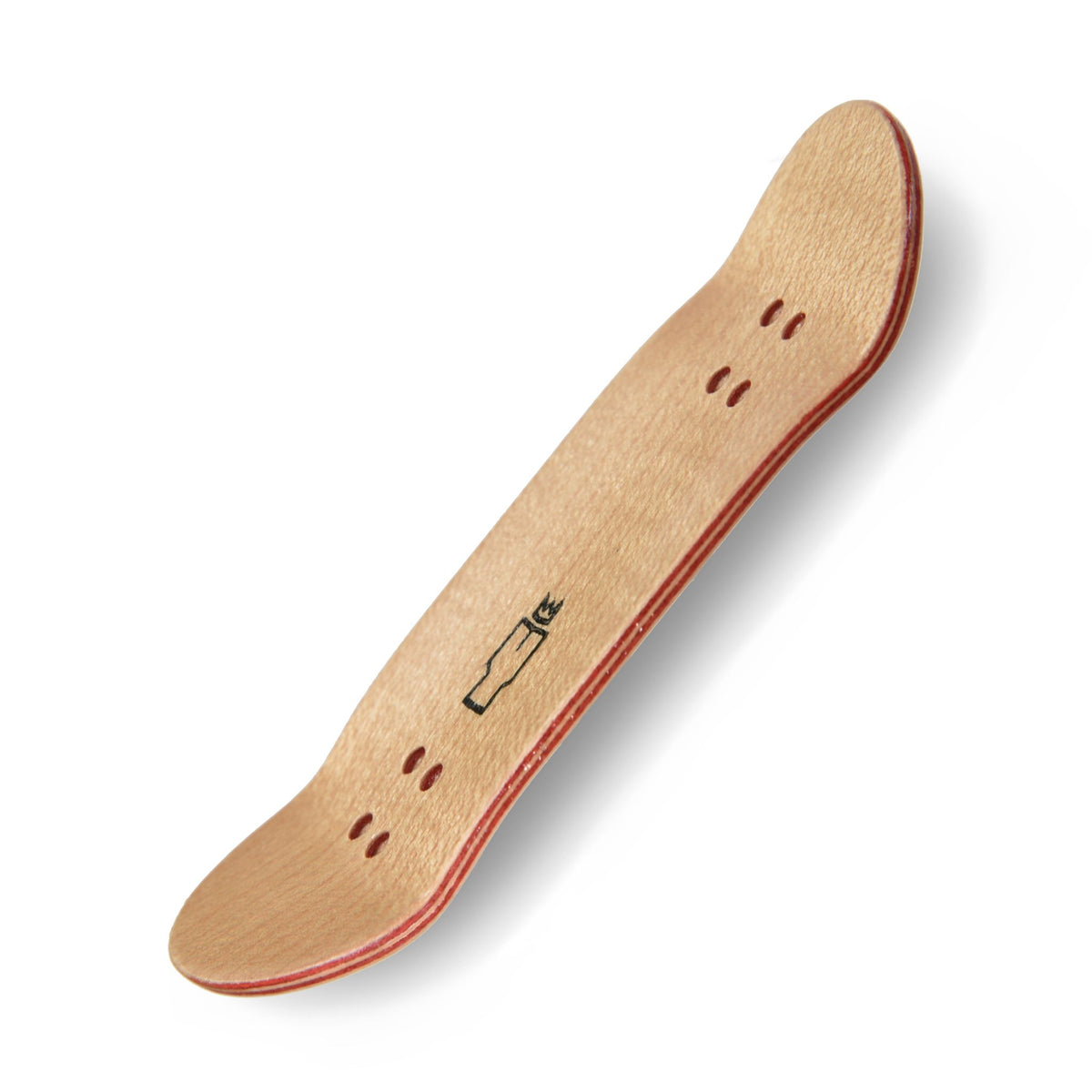 Yurt Fingerboards maple deck with Yurt crown logo, showing 5-ply maple with two inner plies dyed red.